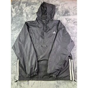 Adidas Black Windbreaker Pullover Jacket XL Hooded 3-Stripes Retro Y2K Nylon